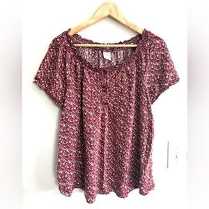 Faded Glory maroon floral, short sleeve peasant style blouse size XL